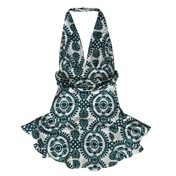 Boho Backless Halter Romper Sz Small White Green Floral Print Ruffle Resort READ - Picture 9 of 16